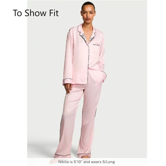 Victoria's Secret Satin Long Pajama Set Lounge Sleep Black Pink Hearts PJs Small - Picture 12 of 14